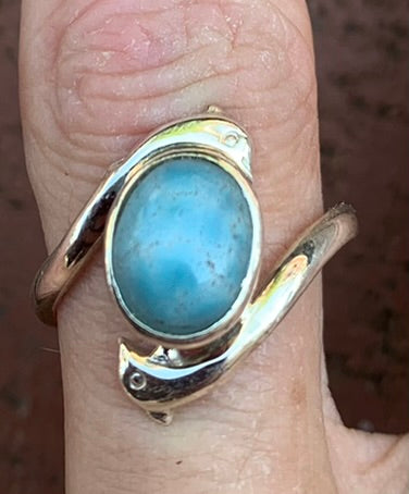 Larimar dolfijn ring, sterling zilver, maat 19